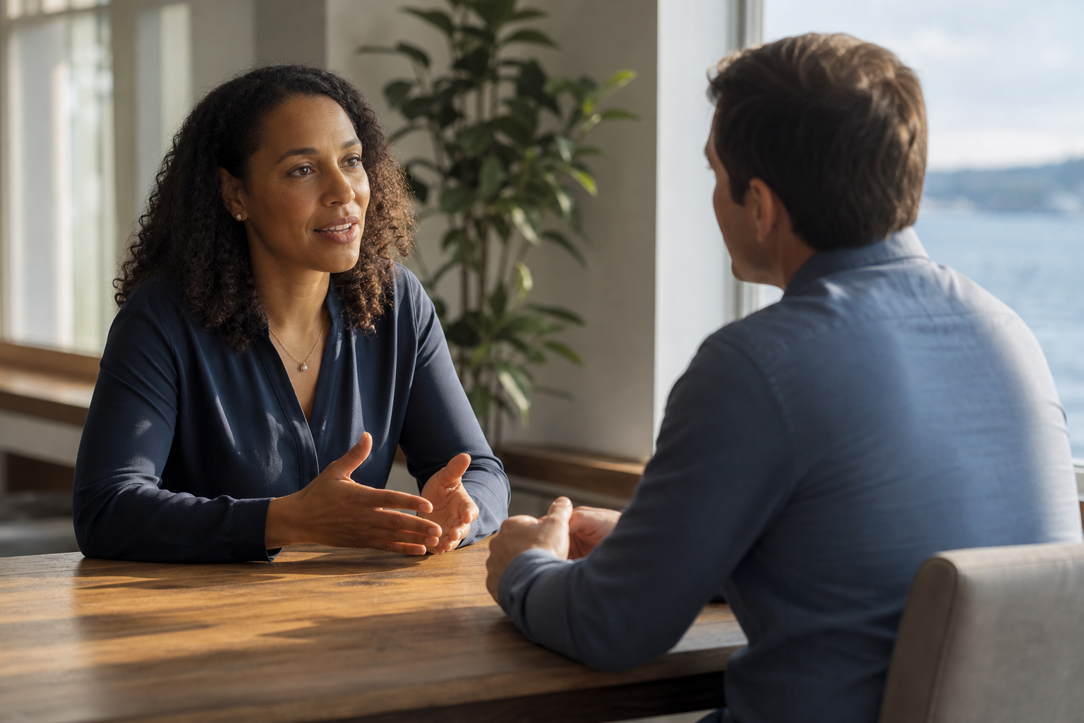 Focused Conversation at Wooden Table with Natural Light Focused Conversation at Wooden Table with Natural Light