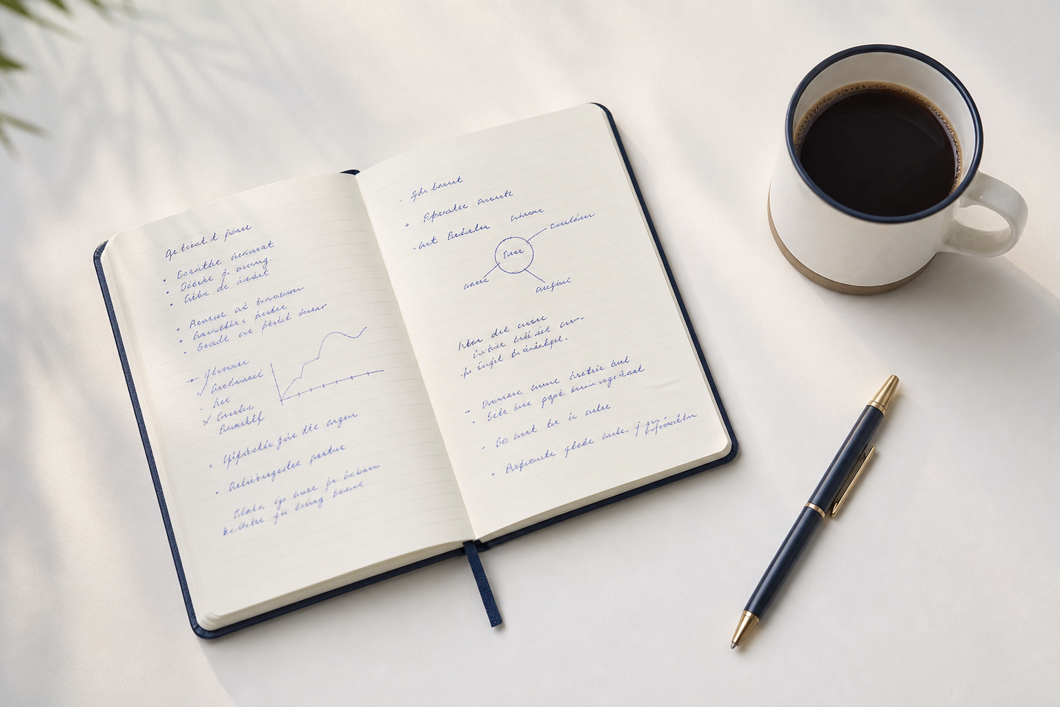 Top Down Notebook with Handwritten Notes and Coffee on White Desk Top Down Notebook with Handwritten Notes and Coffee on White Desk