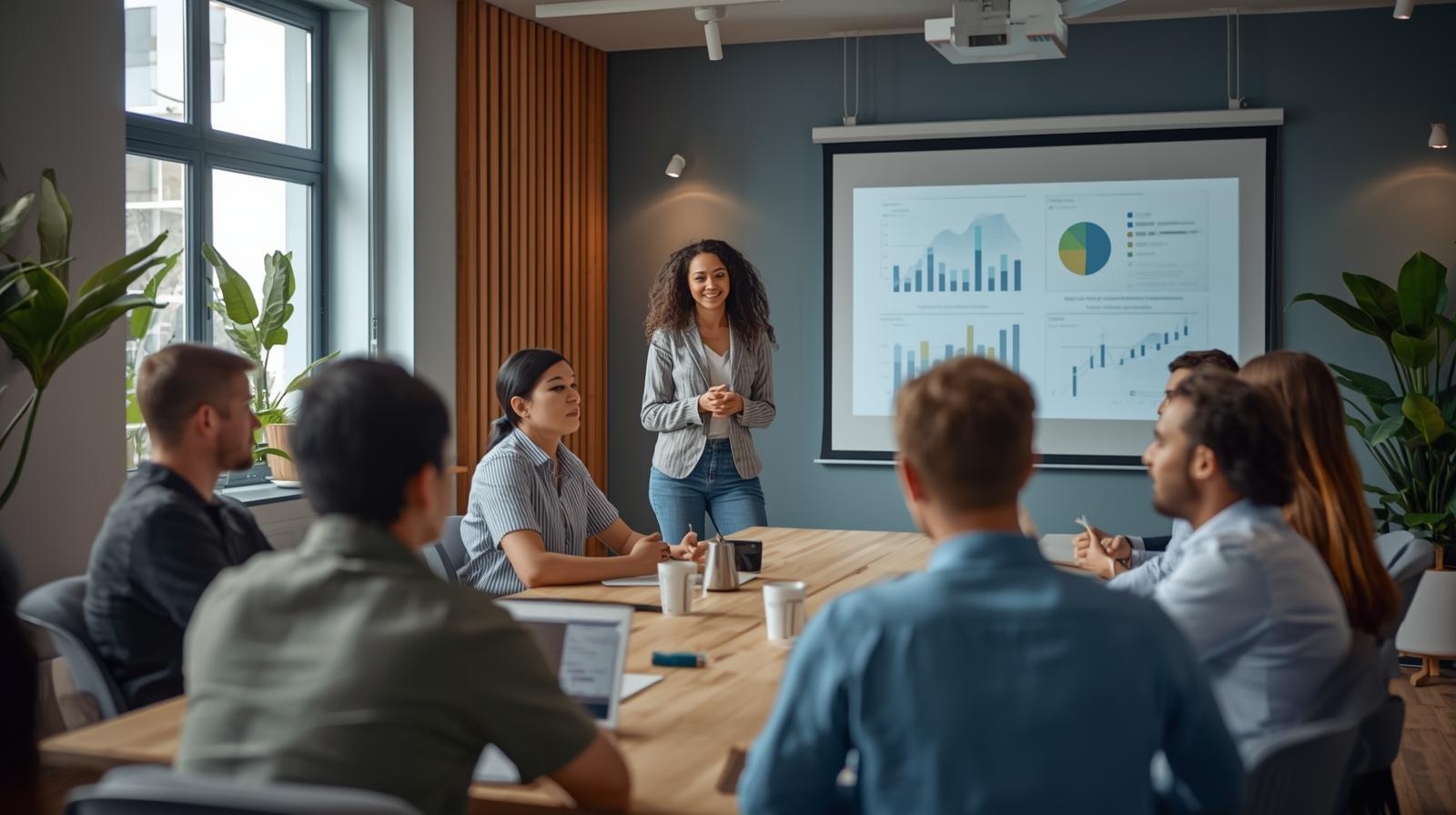 Picture of poeple in conference room - casual small business - while someone is presenting